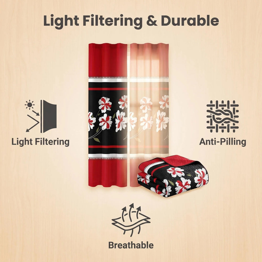 Four solid and two printed light-filtering curtain panels hung together on a rod