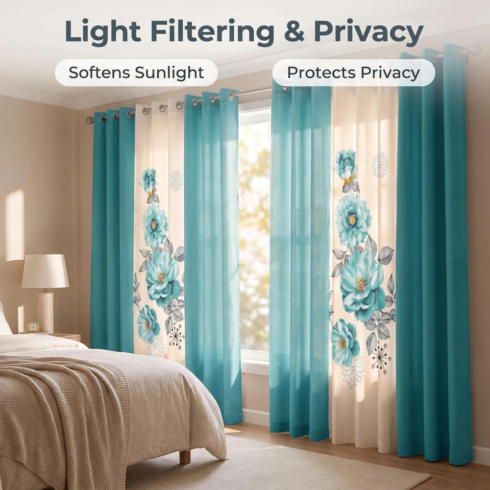 Four solid and two printed light-filtering curtain panels hung together on a rod