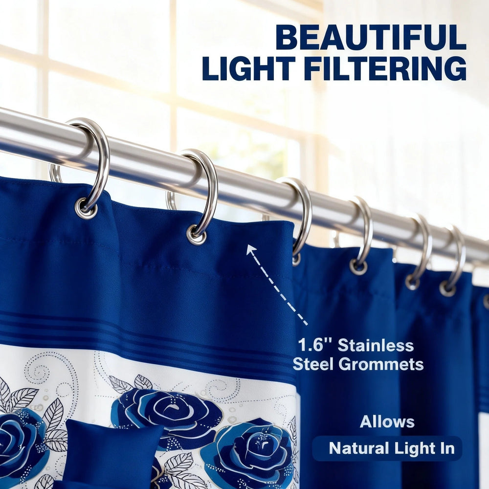 Four solid and two printed light-filtering curtain panels hung together on a rod