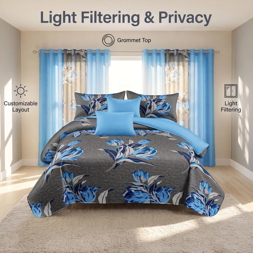 Four solid and two printed light-filtering curtain panels hung together on a rod