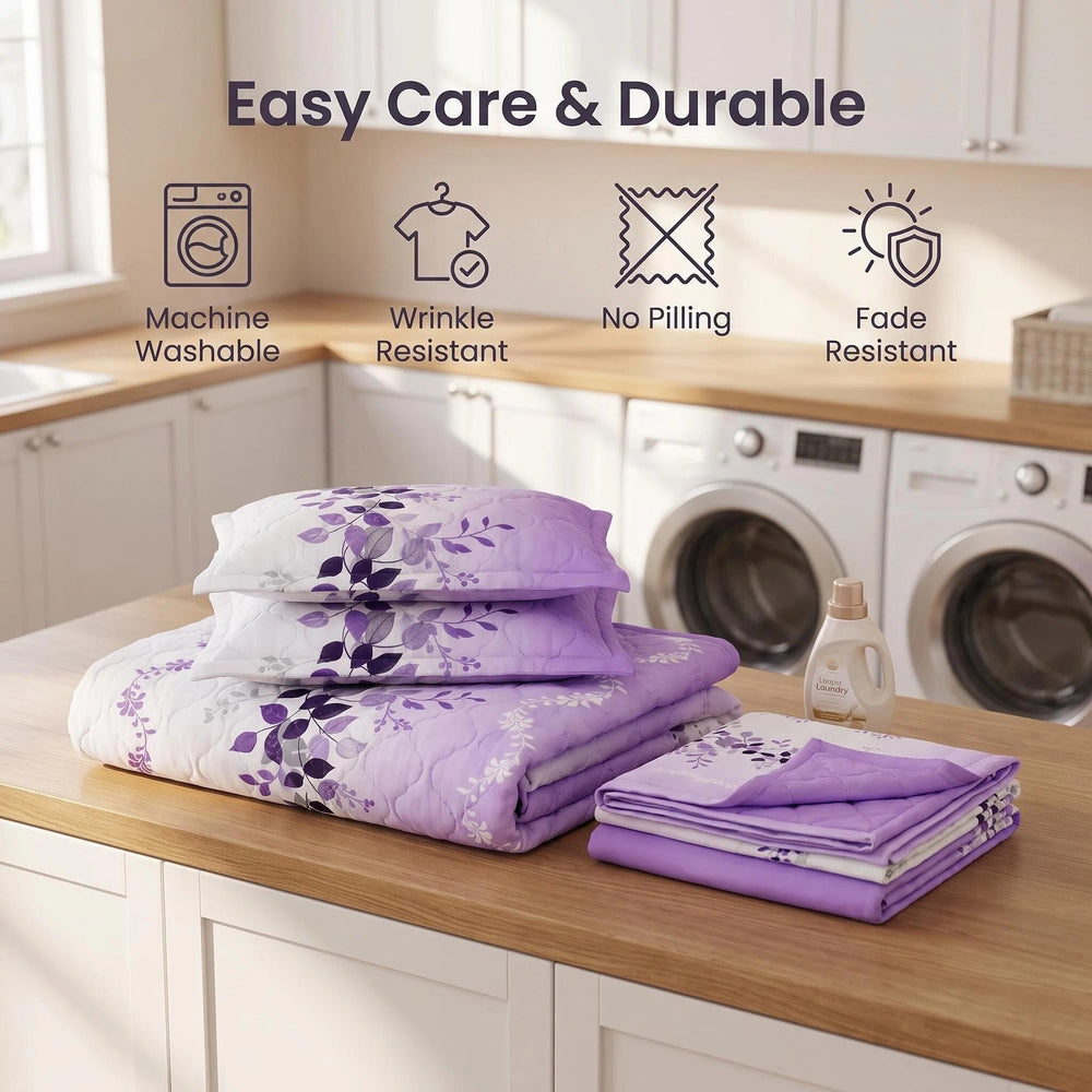 Folded bedspread showing its printed front and solid reverse, with machine-washable, wrinkle-resistant and quick-drying care features