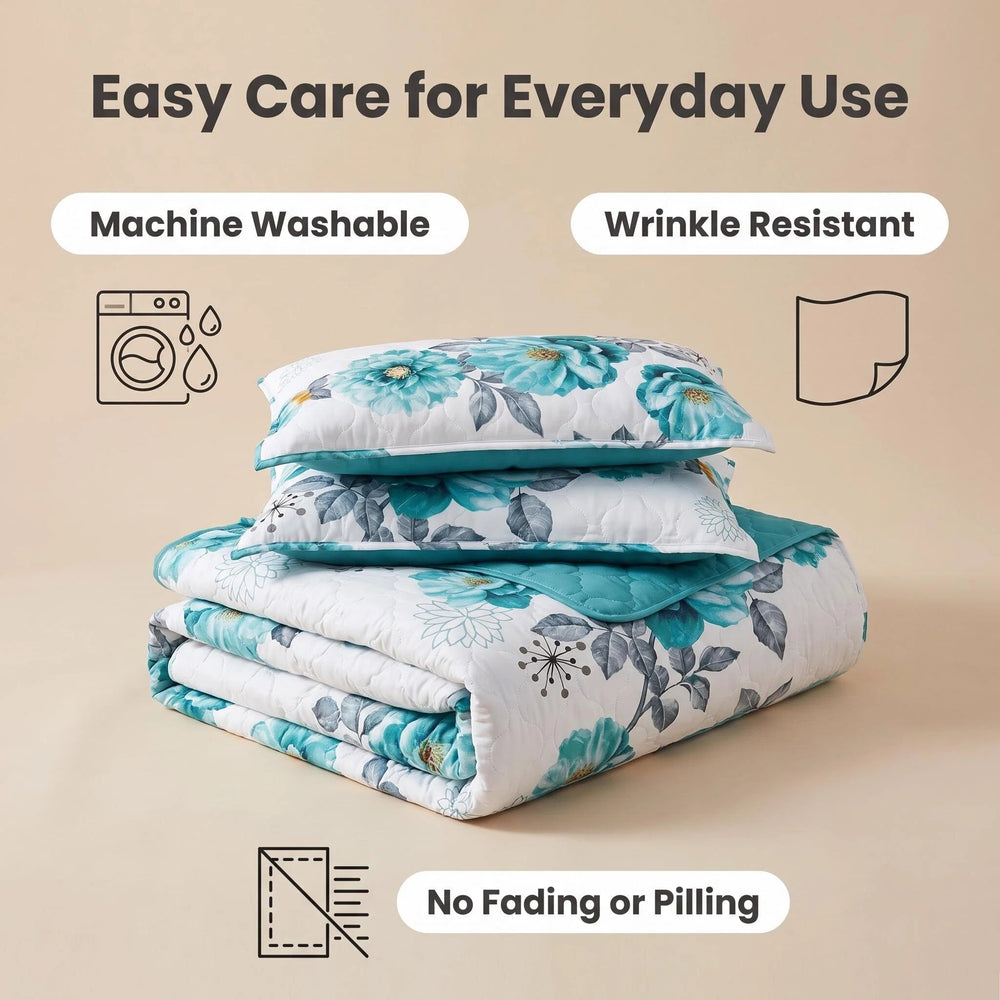 Folded bedspread showing its printed front and solid reverse, with machine-washable, wrinkle-resistant and quick-drying care features