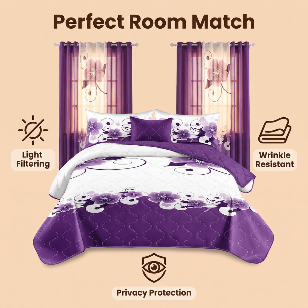 Four solid and two printed light-filtering curtain panels hung together on a rod