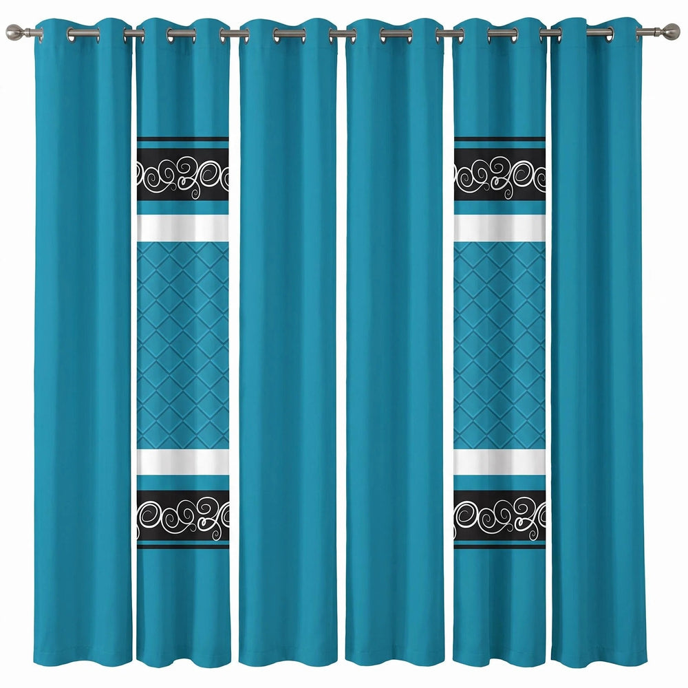 Four solid and two printed light-filtering curtain panels hung together on a rod