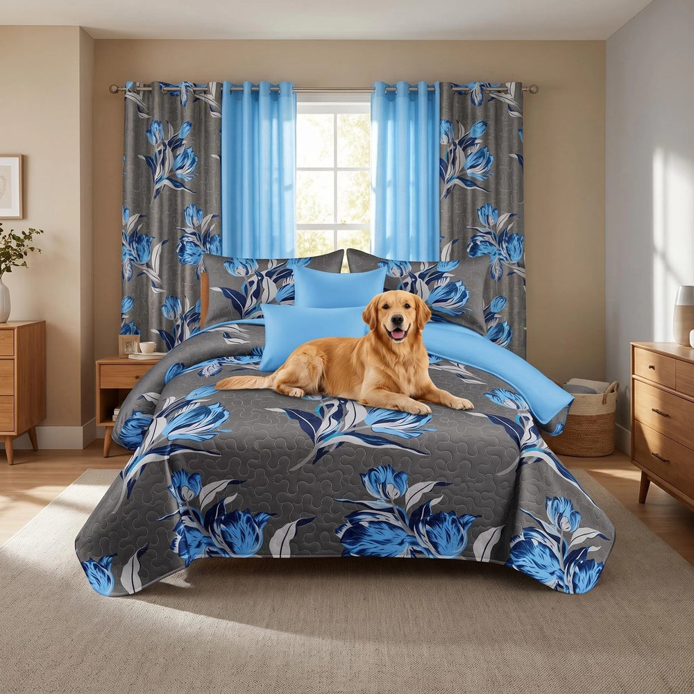 Dog resting on the coordinated bedspread, illustrating pet-friendly fabric and reduced hair cling