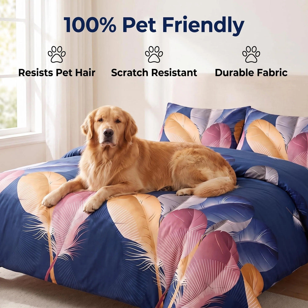 Dog resting on the coordinated bedspread, illustrating pet-friendly fabric and reduced hair cling