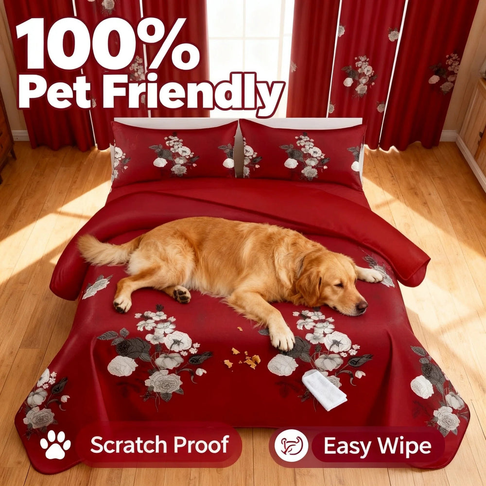 Dog resting on the coordinated bedspread, illustrating pet-friendly fabric and reduced hair cling