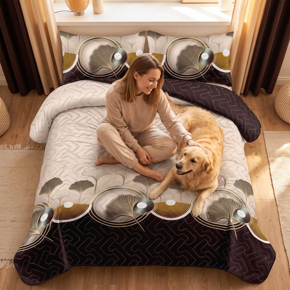 Dog resting on the coordinated bedspread, illustrating pet-friendly fabric and reduced hair cling