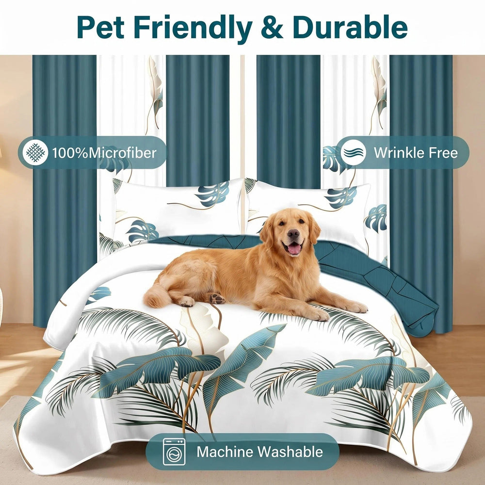 Dog resting on the coordinated bedspread, illustrating pet-friendly fabric and reduced hair cling