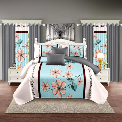 Aqua & Pink Floral bedspread and curtain set - coordinated bedroom