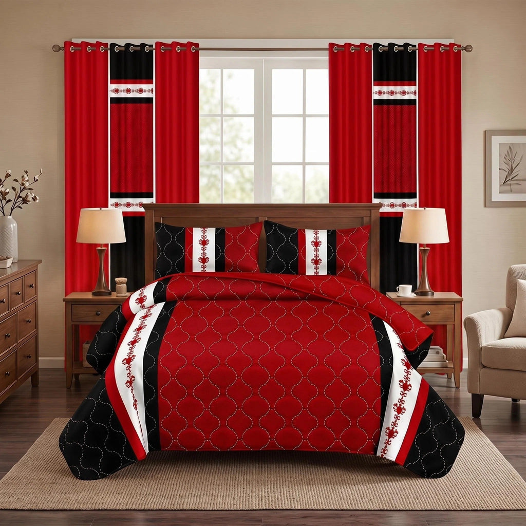Black & Red Bohemian bedspread and curtain set - coordinated bedroom