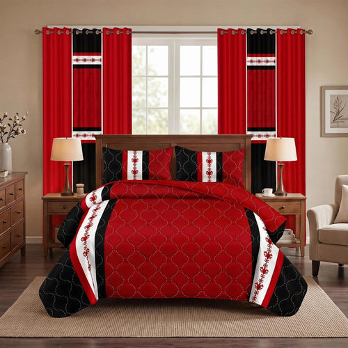 Black & Red Bohemian bedspread and curtain set - coordinated bedroom