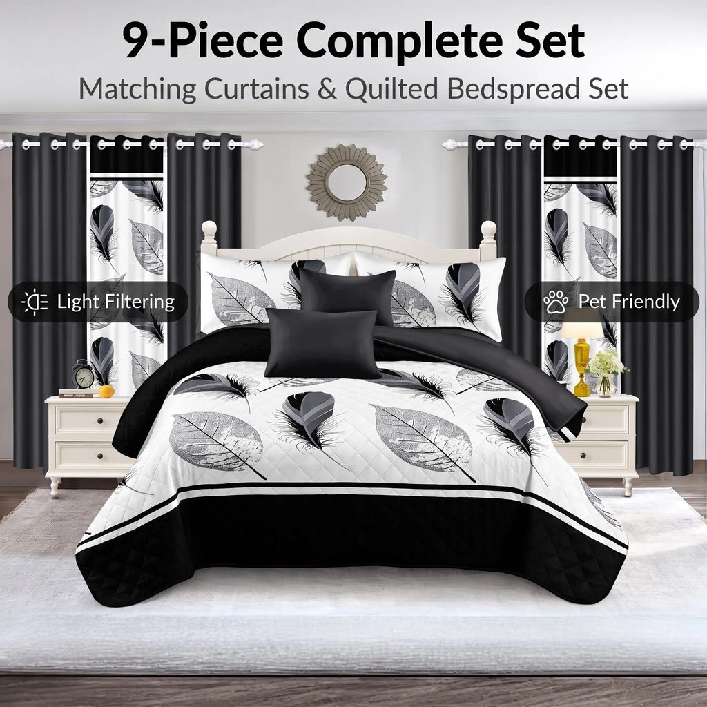 Black & White Feather bedspread and curtain set - coordinated bedroom