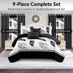 Black & White Feather bedspread and curtain set - coordinated bedroom