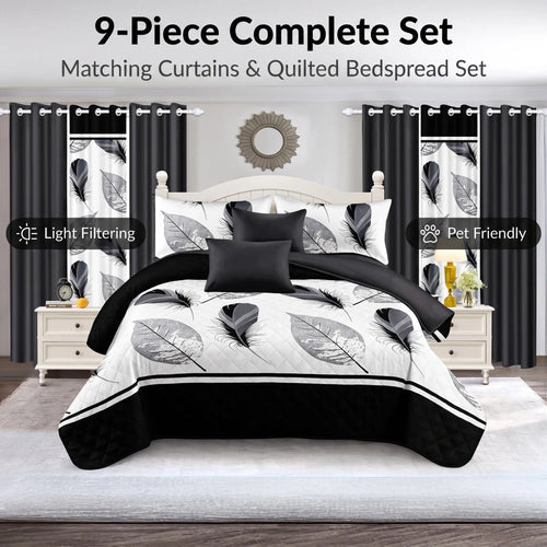 Black & White Feather bedspread and curtain set - coordinated bedroom