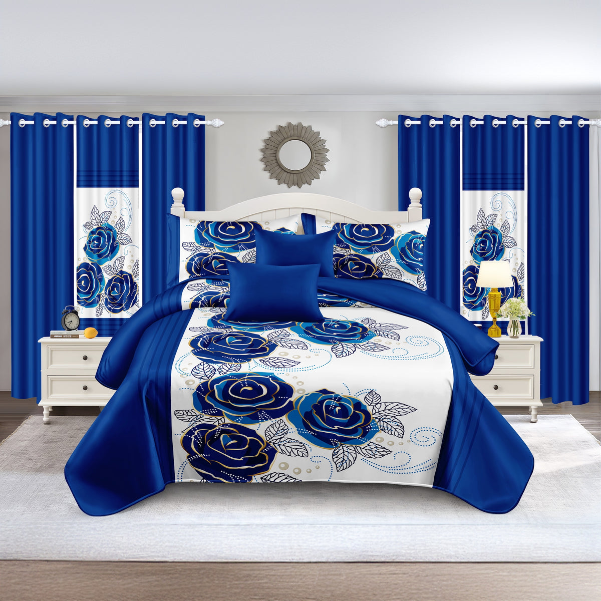 Royal Blue Rose Bedspread & Curtain Set – 9 Pieces