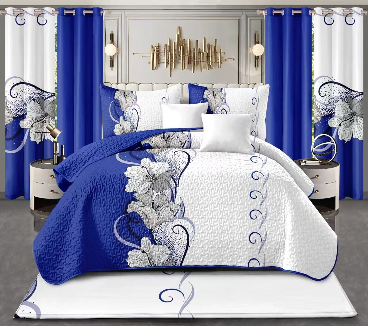 Blue & White Lotus bedspread and curtain set - bedroom view