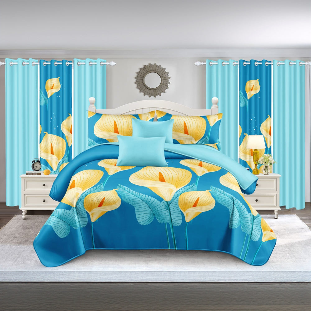 Four solid and two printed light-filtering curtain panels hung together on a rod