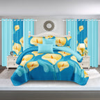Blue & Yellow Floral bedspread and curtain set - matching curtain panels