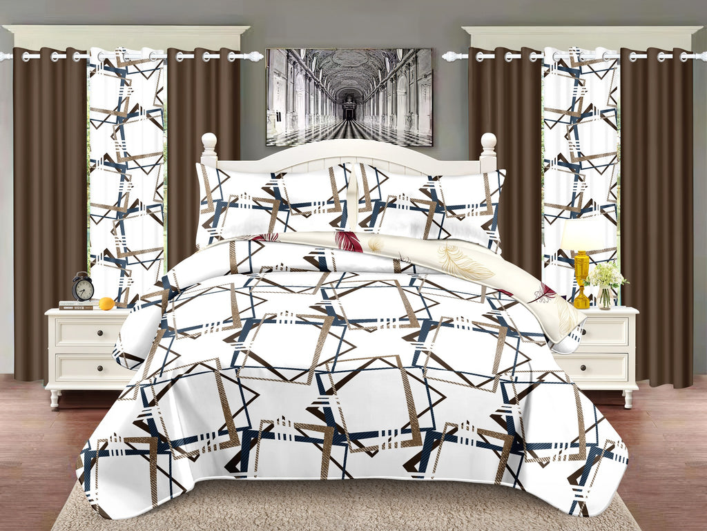 Brown Geometric bedspread and curtain set - coordinated bedroom