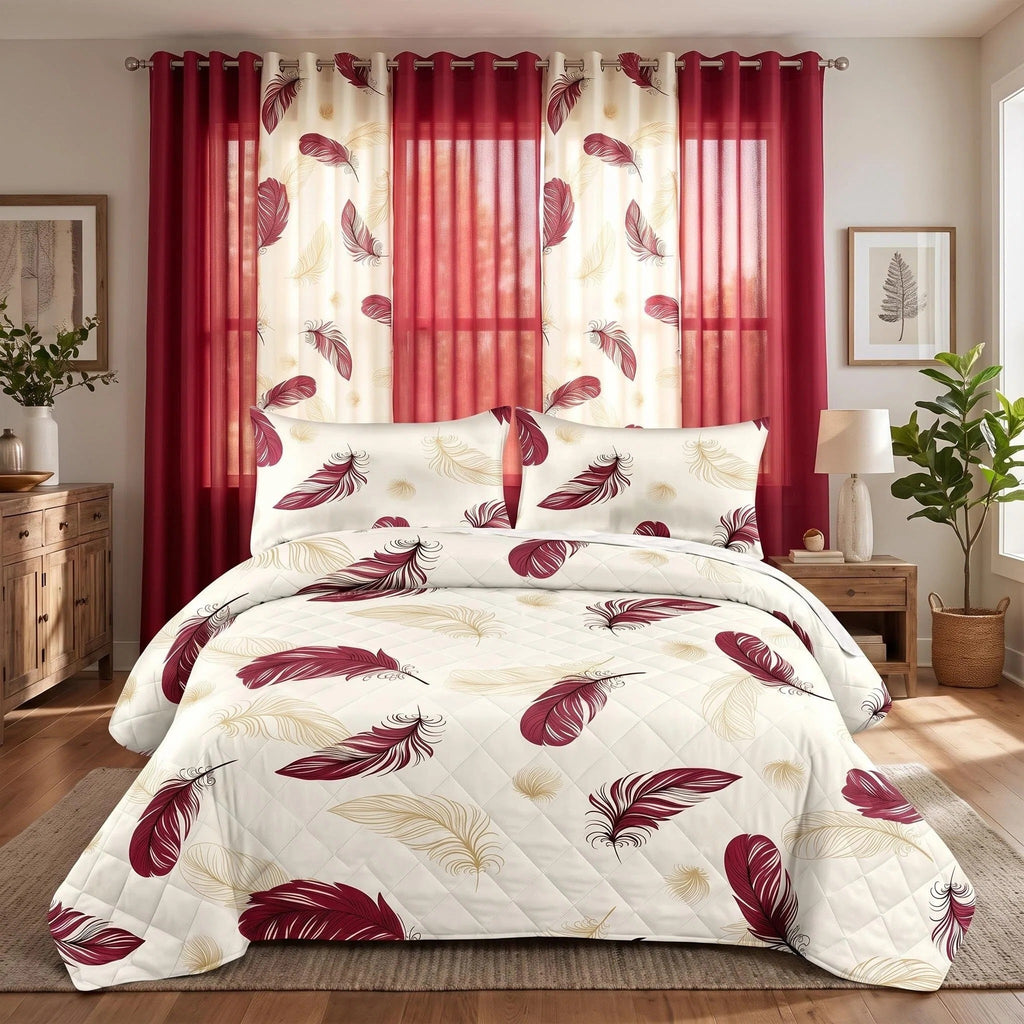 Burgundy & Gold Feather Bedspread & Curtain Set – 9 Pieces