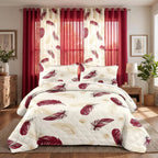 Burgundy & Gold Feather Bedspread & Curtain Set – 9 Pieces