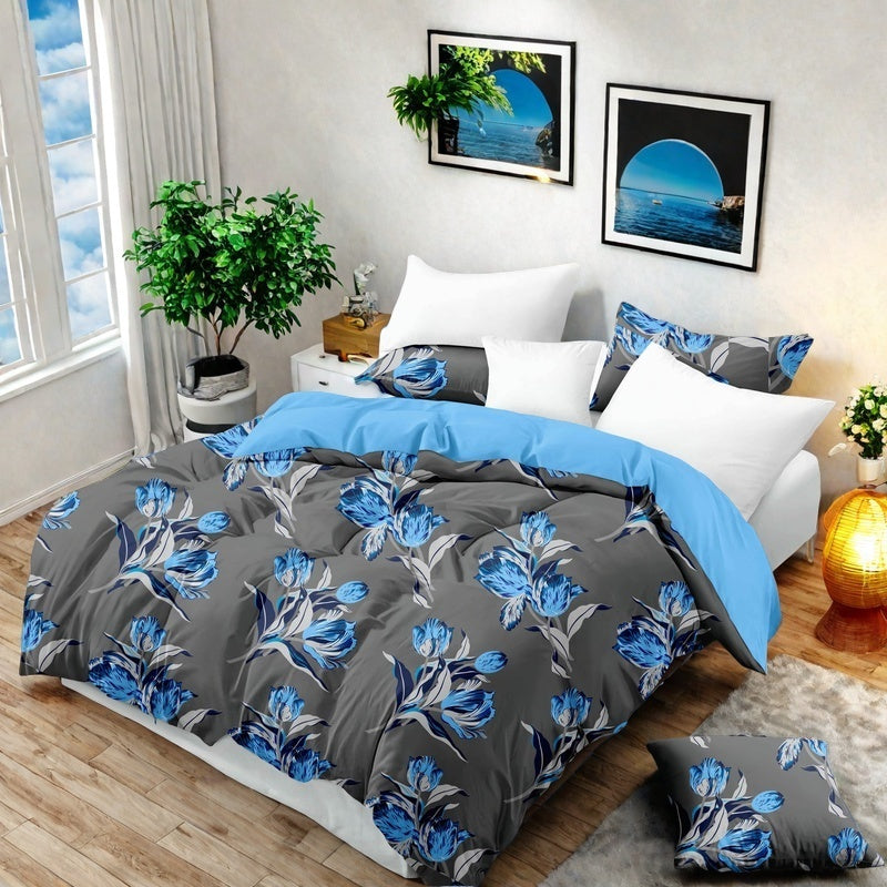 Charcoal & Blue Floral Bedspread & Curtain Set – 9 Pieces