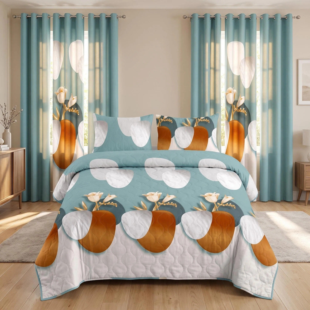 Green Geometric Circle bedspread and curtain set - coordinated bedroom