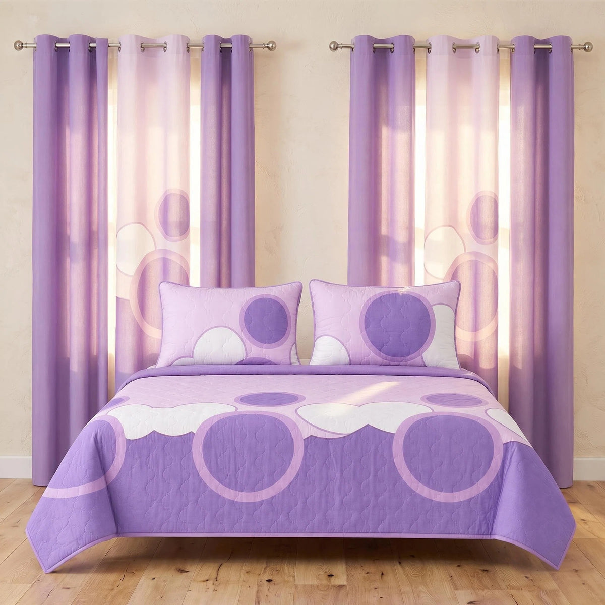 Lavender Geometric Circle Bedspread & Curtain Set – 9 Pieces