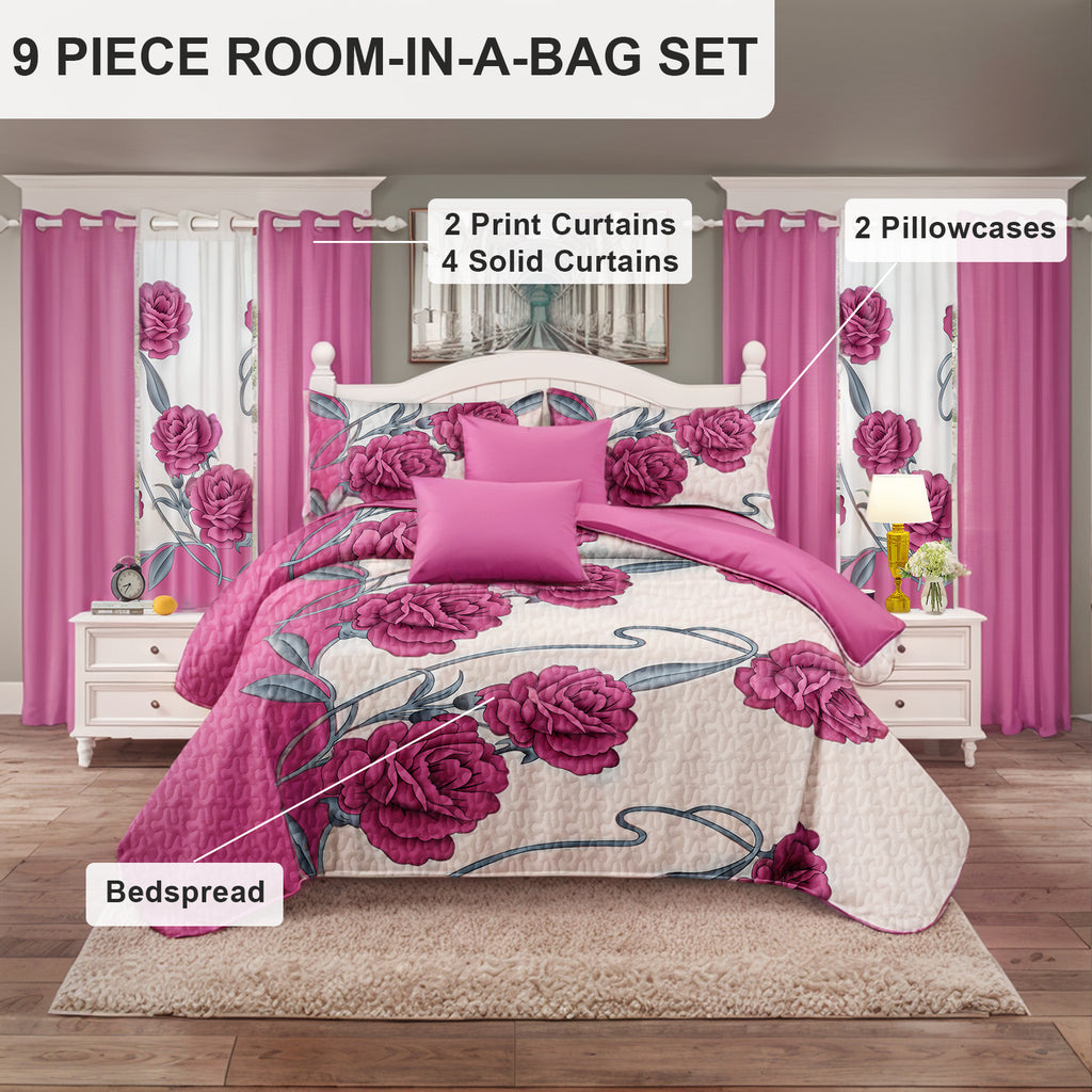 Pink Rose Bedspread & Curtain Set – 9 Pieces