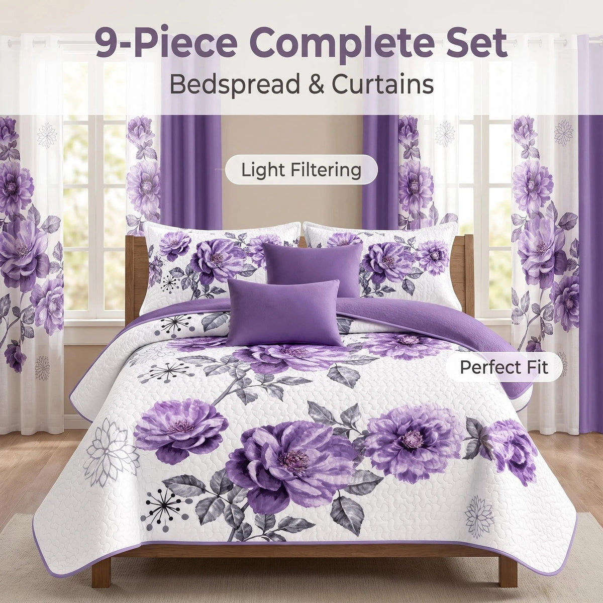 Purple Gem Floral bedspread and curtain set - coordinated bedroom