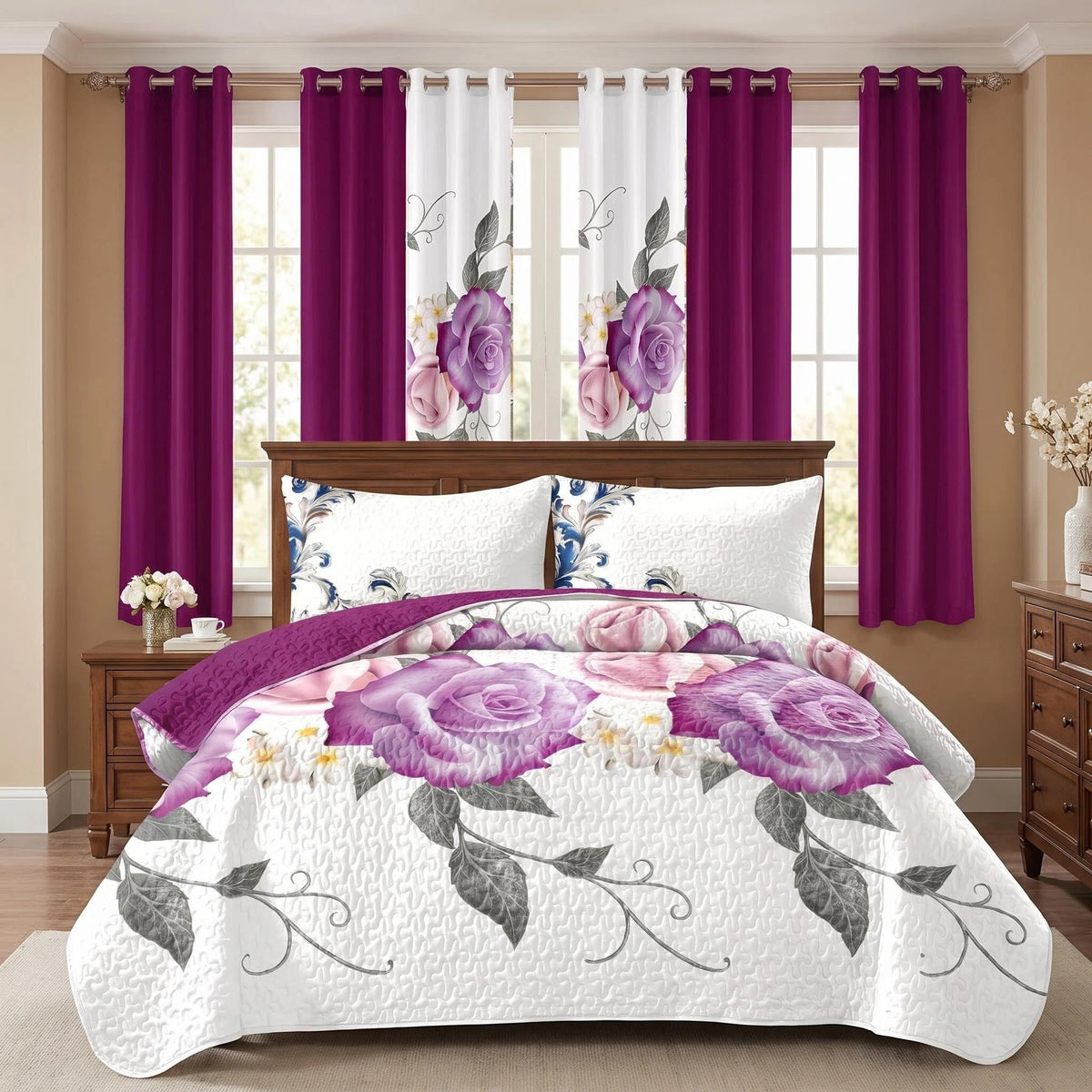 Purple Rose Floral Bedspread & Curtain Set – 9 Pieces