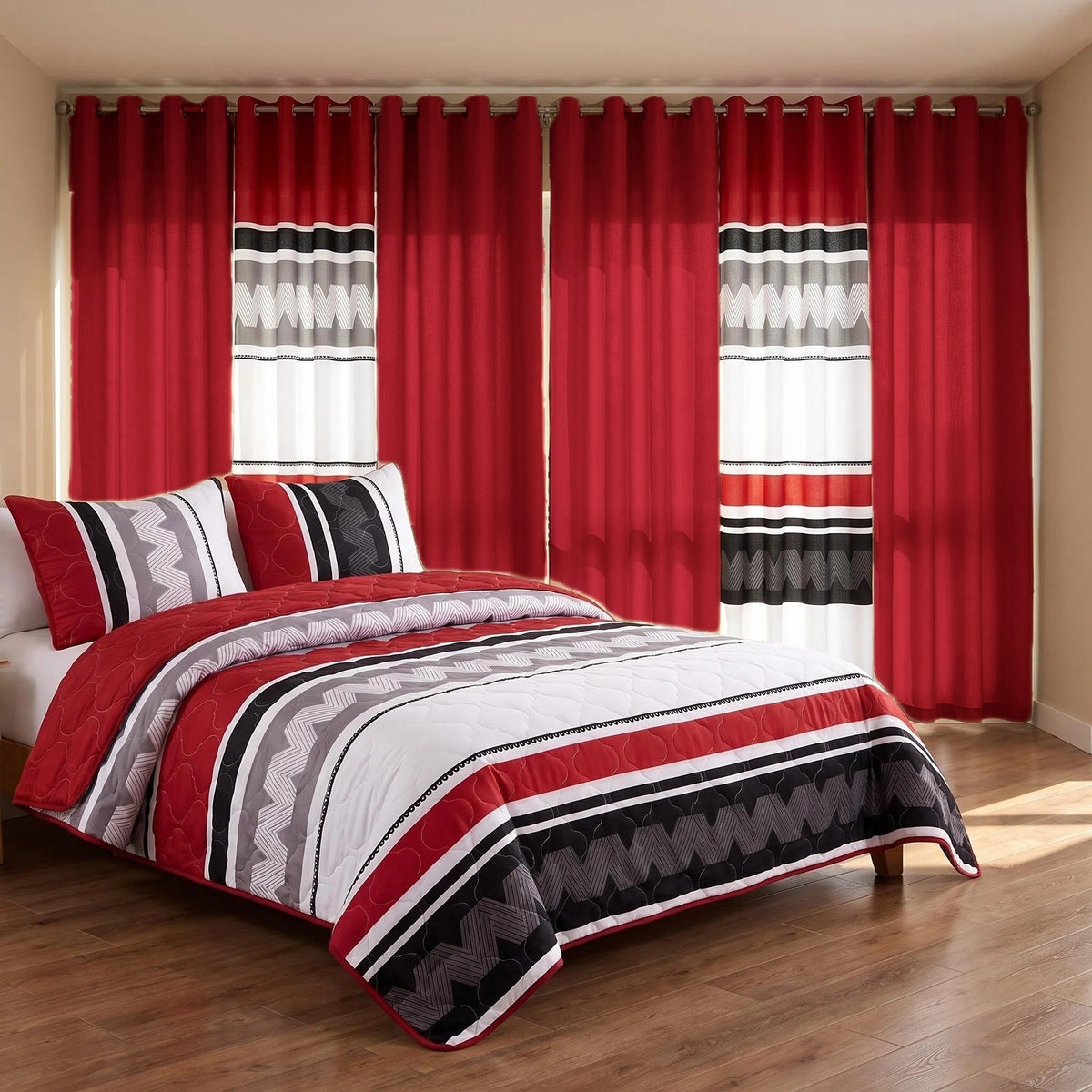 Red & Black Geometric Chevron bedspread and curtain set - coordinated bedroom