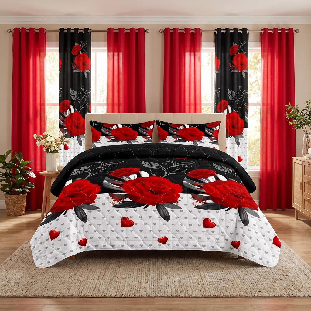 Red Peony Bedspread & Curtain Set – 9 Pieces