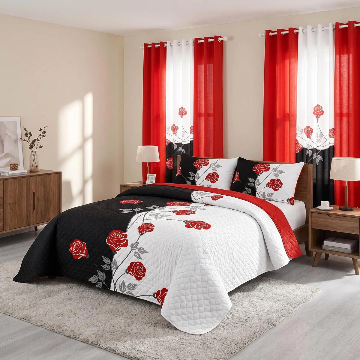 Red Rose Two-Tone Bedspread & Curtain Set – 9 Pieces