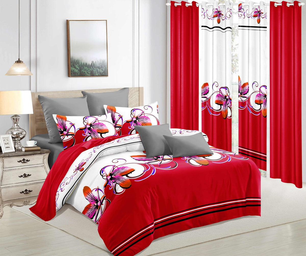 Red & White Butterfly bedspread and curtain set - coordinated bedroom