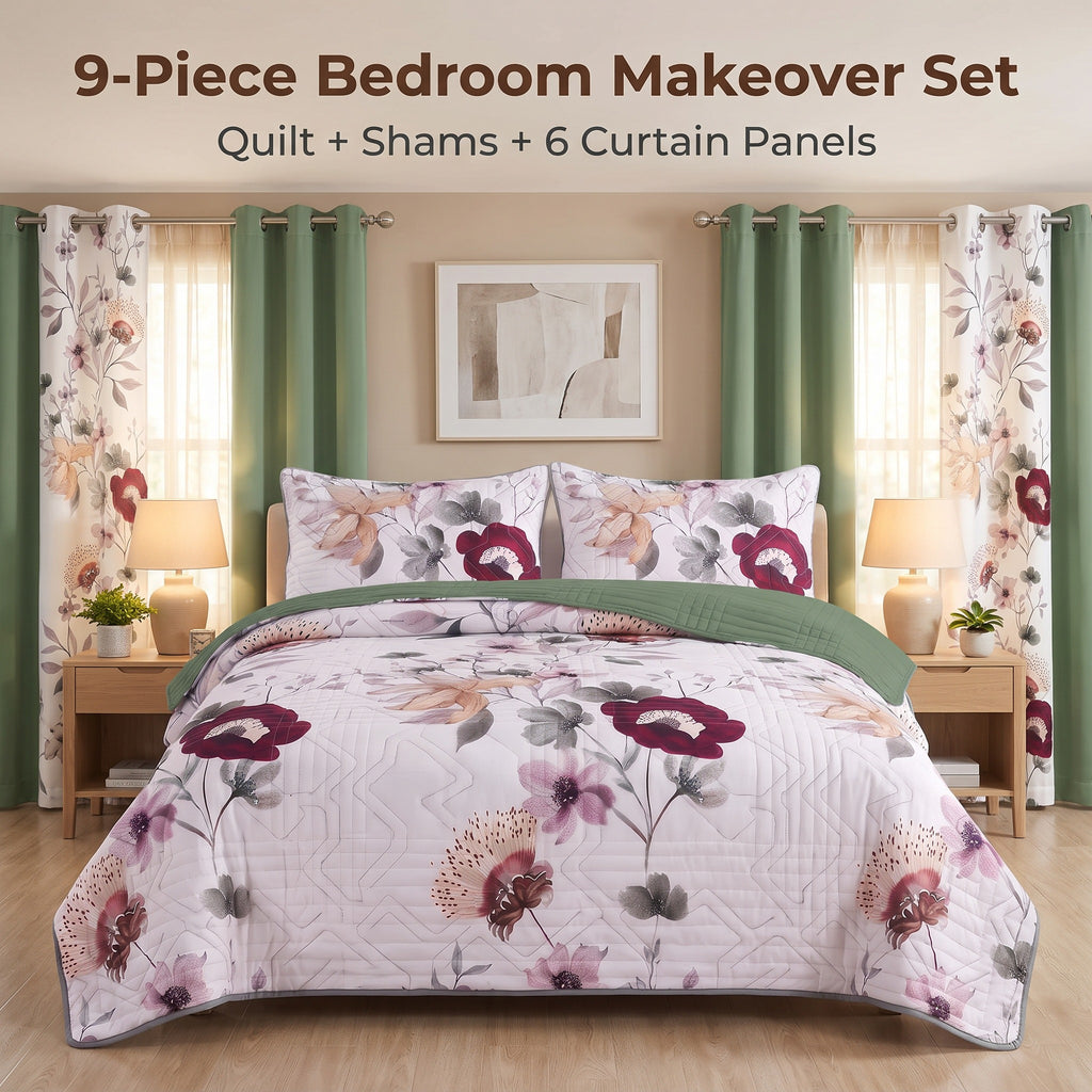 Sage Green Floral Bedspread & Curtain Set – 9 Pieces
