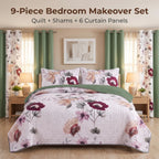 Sage Green Floral Bedspread & Curtain Set – 9 Pieces