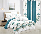 Teal Botanical bedspread and curtain set - coordinated bedroom