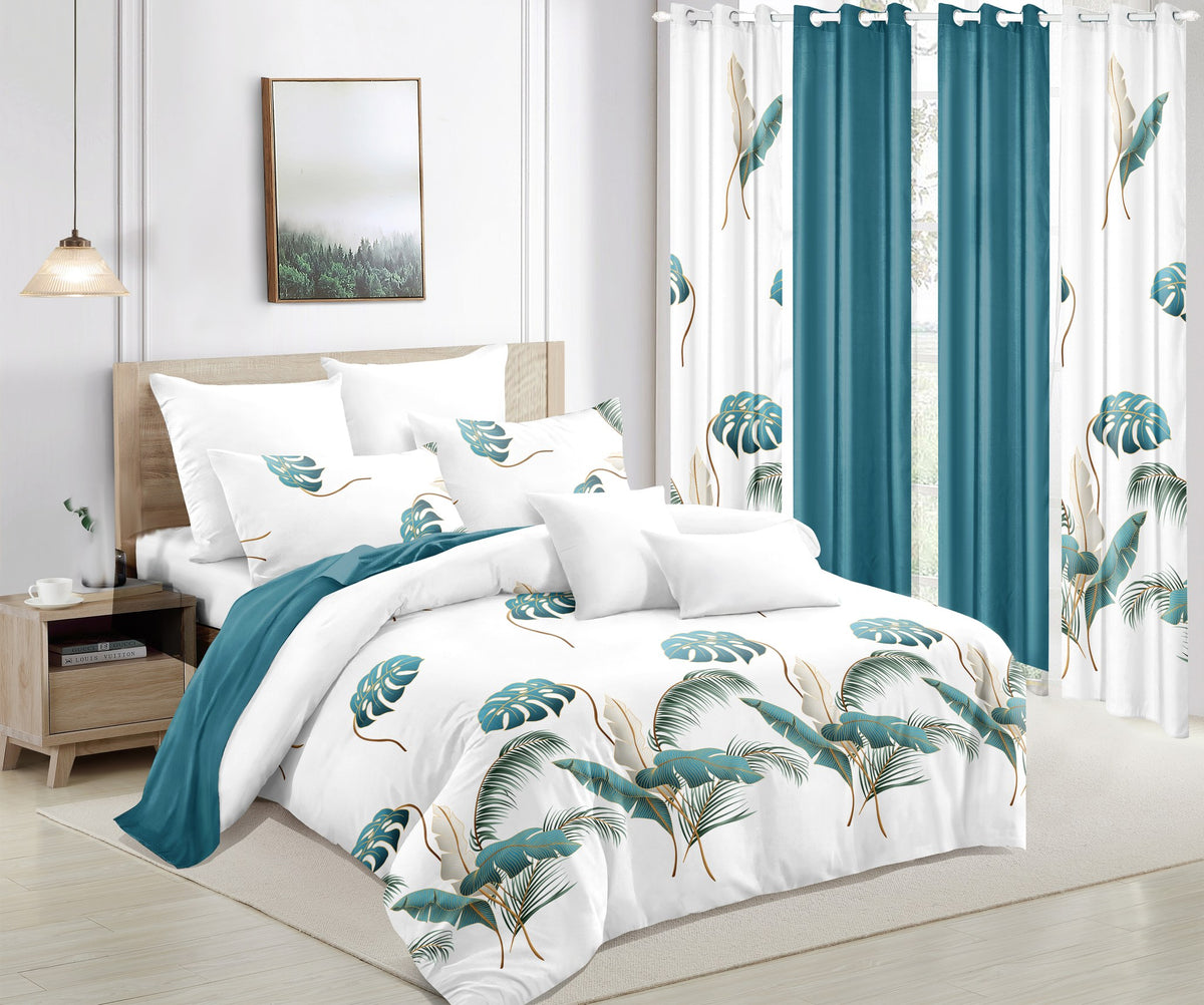 Teal Botanical bedspread and curtain set - coordinated bedroom