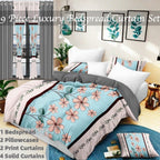 Aqua & Pink Floral bedspread and curtain set - nine-piece set contents