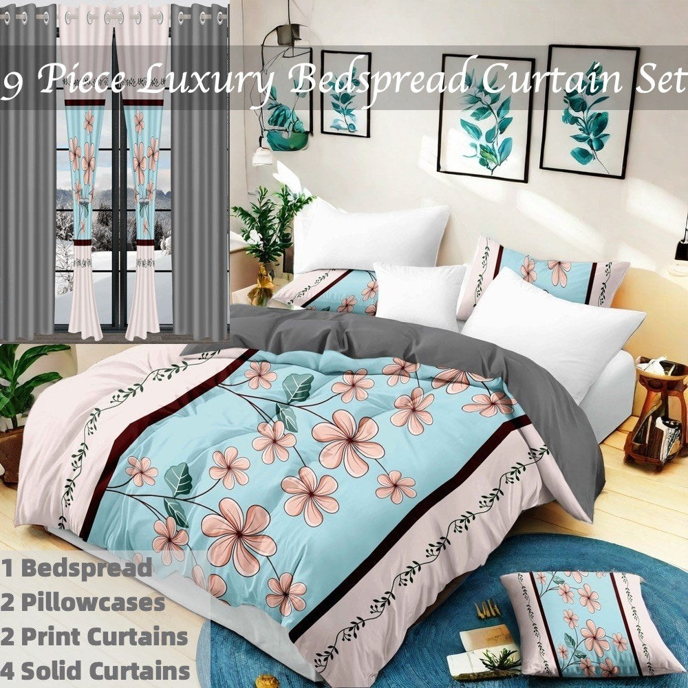 Nine included pieces: one bedspread, two pillow shams and six curtain panels — click image to close