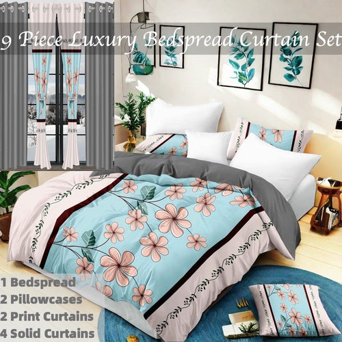 Aqua & Pink Floral bedspread and curtain set - nine-piece set contents