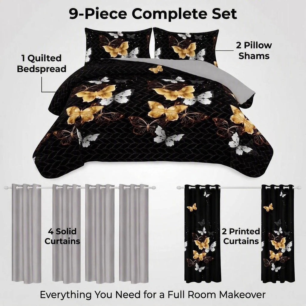 Black & Gold Butterfly Bedspread & Curtain Set – 9 Pieces