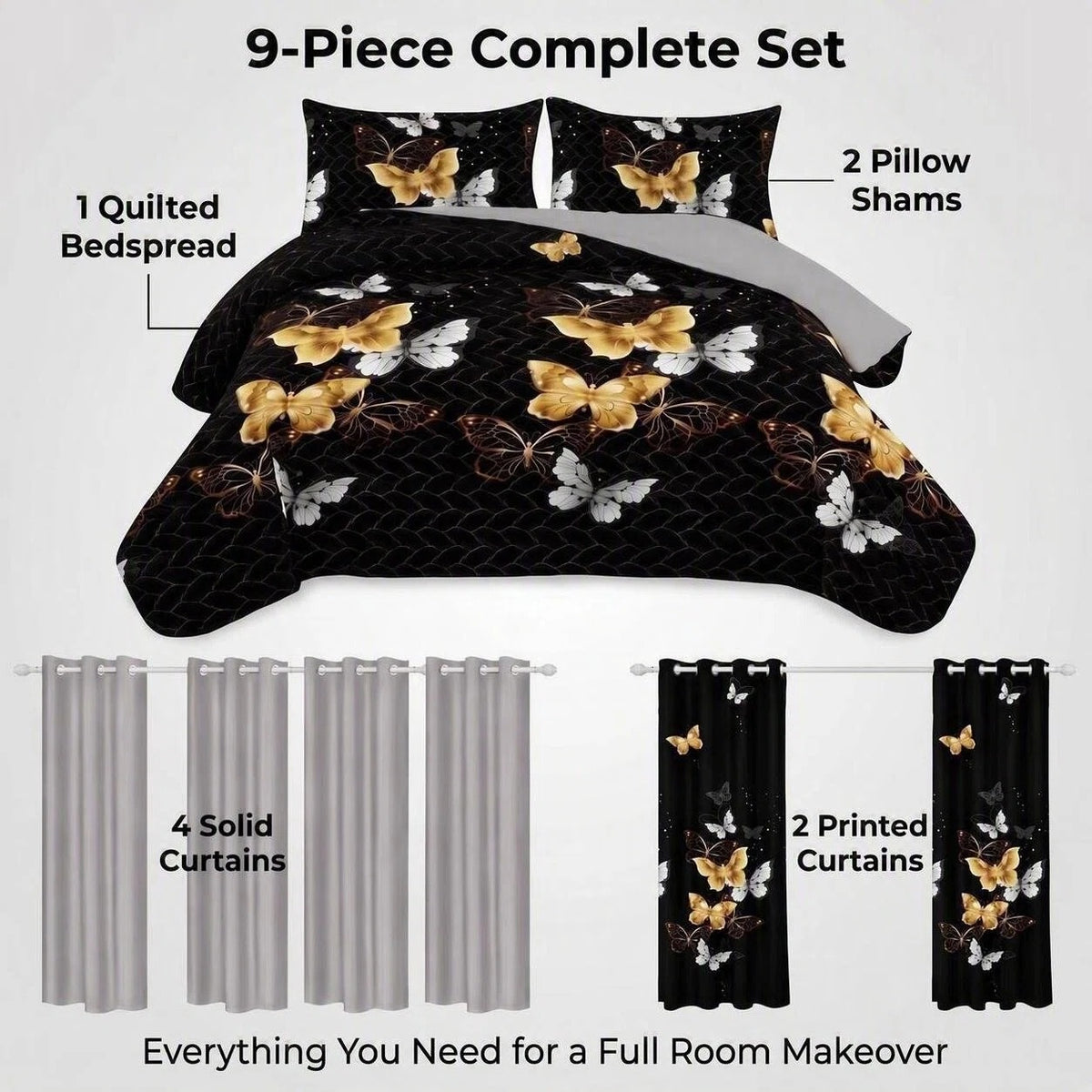 Black & Gold Butterfly Bedspread & Curtain Set – 9 Pieces