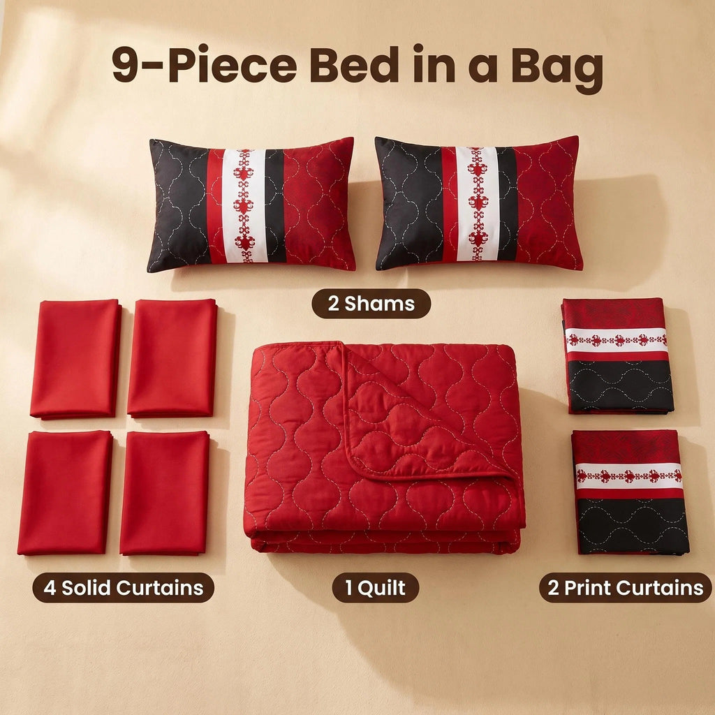 Black & Red Bohemian bedspread and curtain set - nine-piece set contents