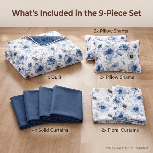 Blue & Gray Floral bedspread and curtain set - set contents