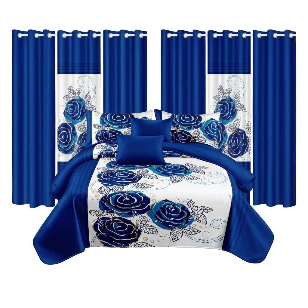 Royal Blue Rose Bedspread & Curtain Set – 9 Pieces
