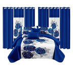 Royal Blue Rose Bedspread & Curtain Set – 9 Pieces