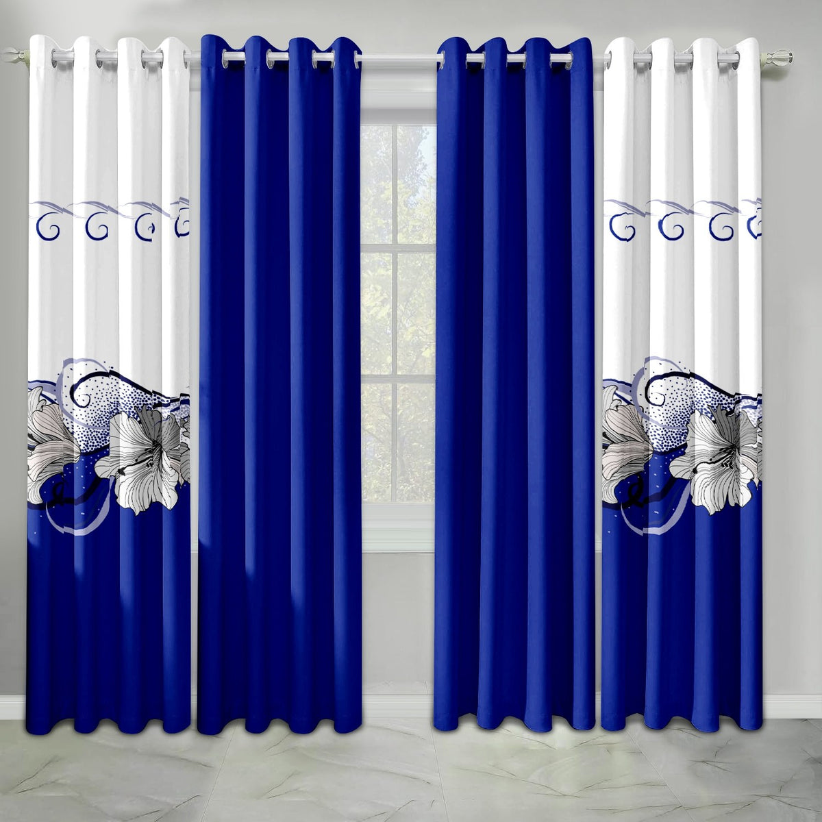 Blue & White Lotus bedspread and curtain set - curtain panels